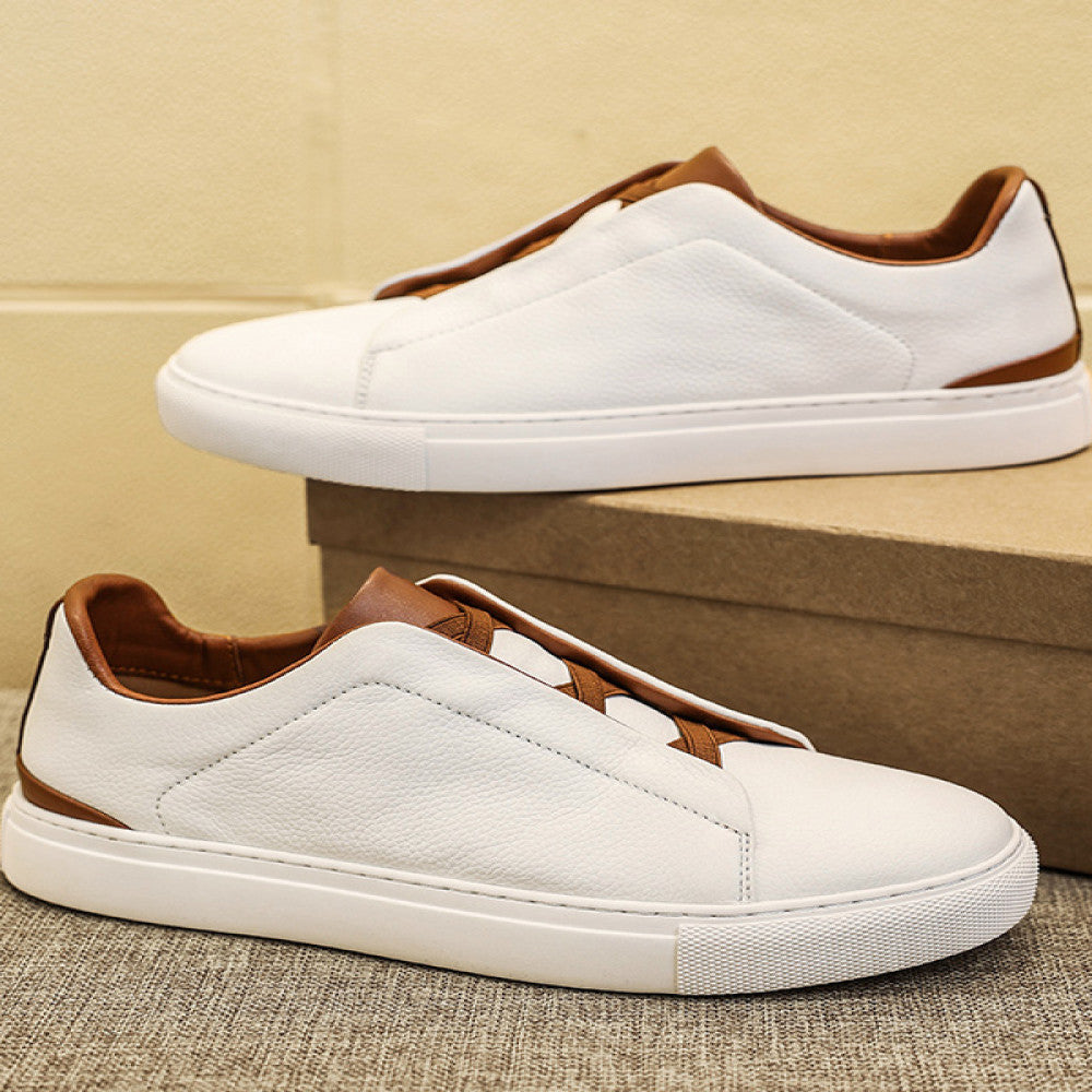 Summer men s shoes one foot white shoes men s business casual shoes toe layer cowhide board shoes no tie white leather shoes image 1