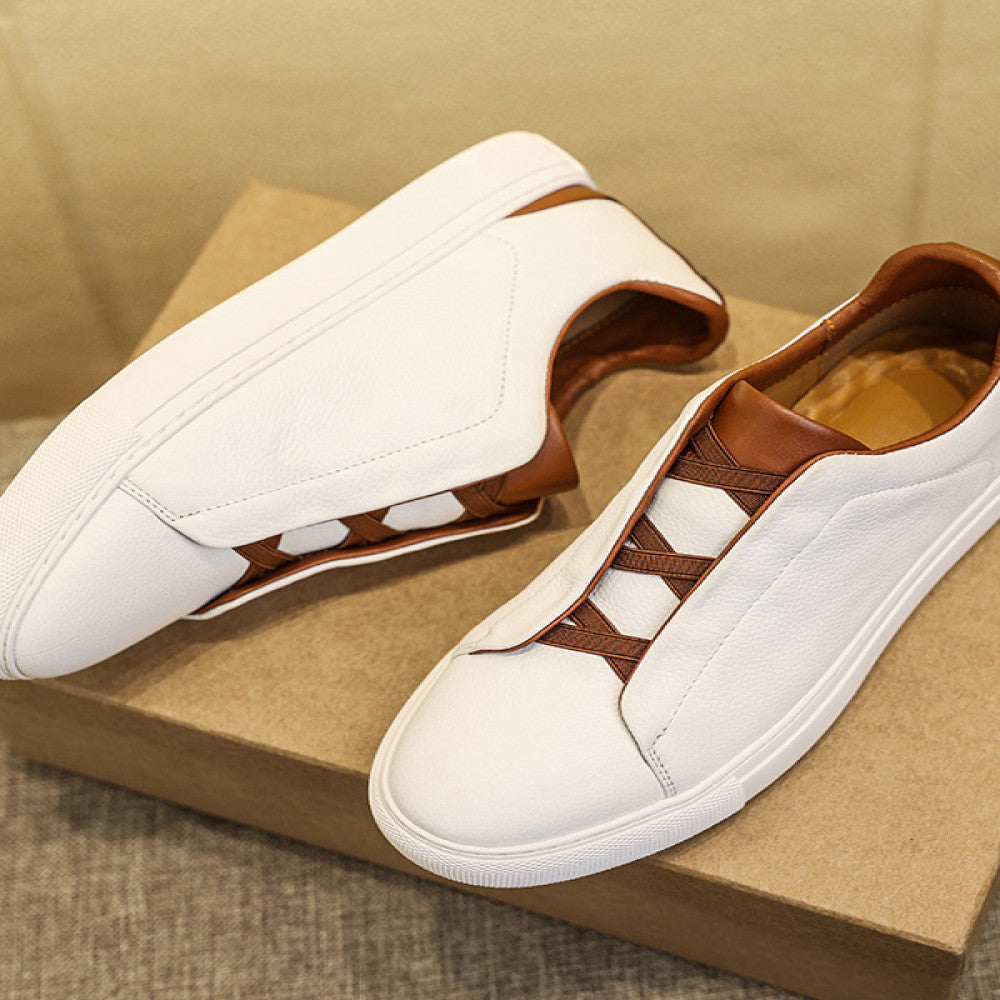 Summer men s shoes one foot white shoes men s business casual shoes toe layer cowhide board shoes no tie white leather shoes image 5