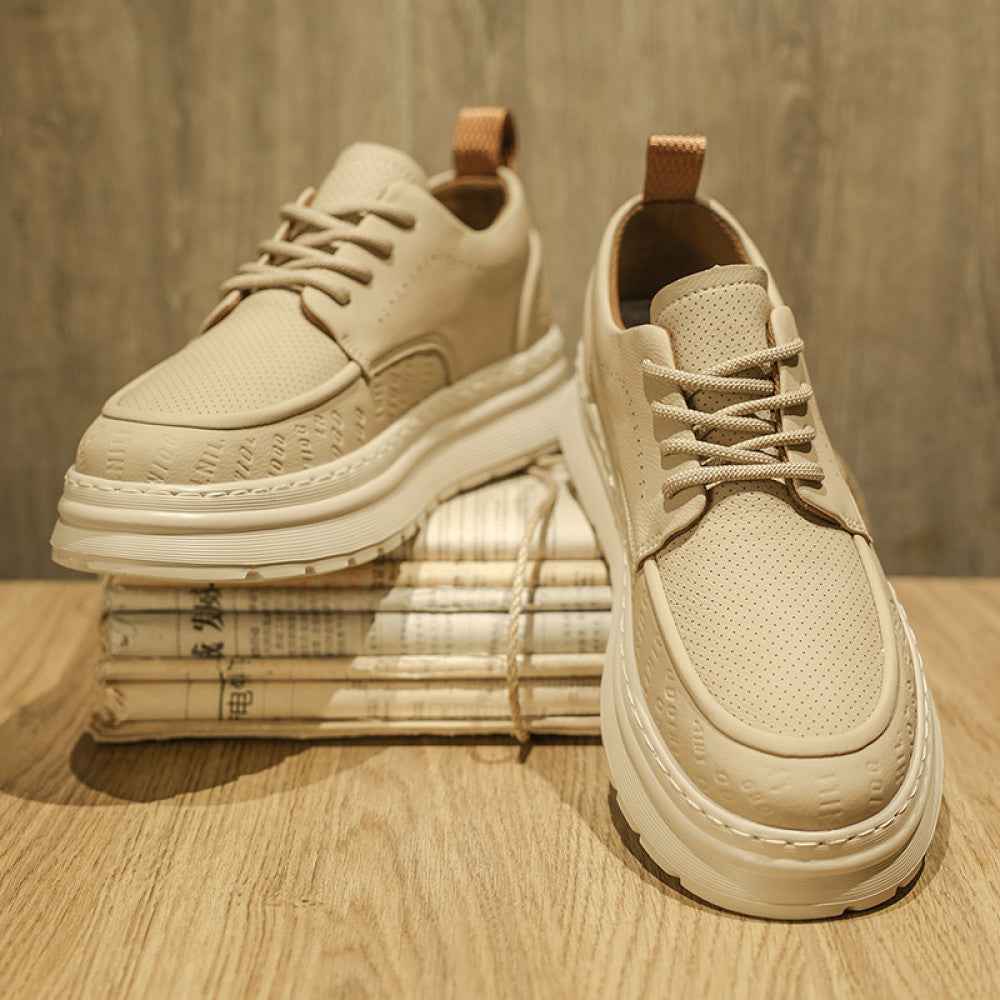 White leather shoes men s 2025 new summer versatile thick soled board shoes men s casual breathable white shoes British style