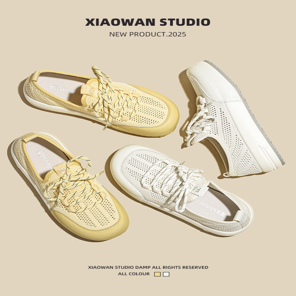 Real leather mesh white shoes for women in the summer of 2025 new round toe thick sole height increasing hollow thin breathable casual board shoes image 2