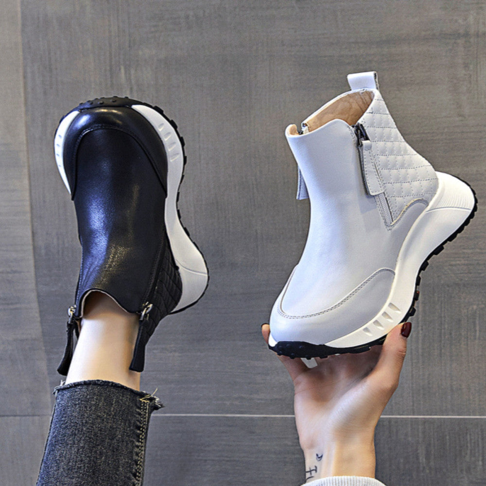 Women s Spring and Autumn Short Boots 2024 New Leather Multi functional Thick Bottom Flat Bottom Casual Sports Boots image 9