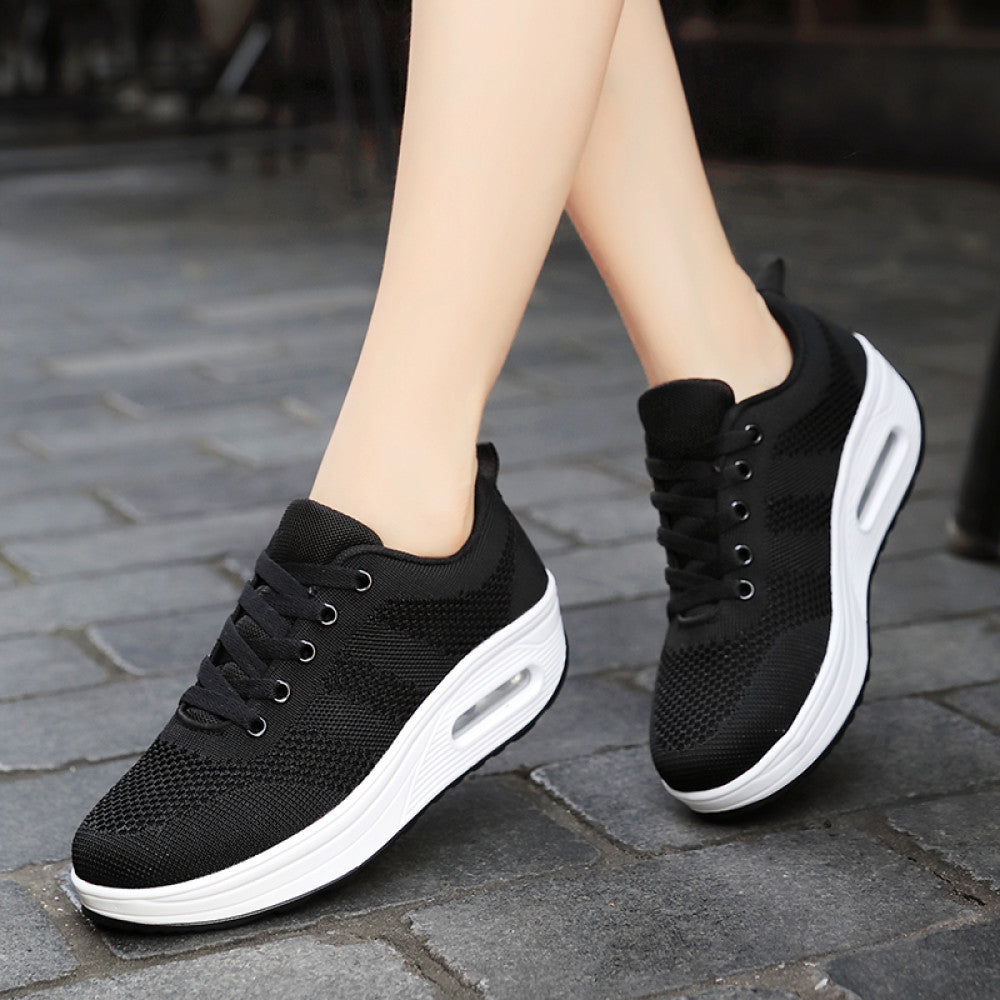 New black rocking shoes for women thick soled sports shoes mesh breathable casual shoes large size soft soled air cushion nurse shoes
