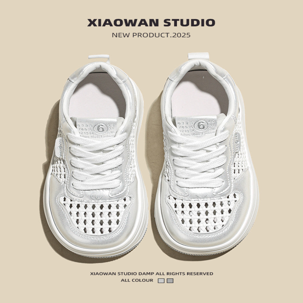 Real leather thick soled casual board shoes for women in the summer of 2025 new casual lightweight and breathable hollow woven white shoes image 3
