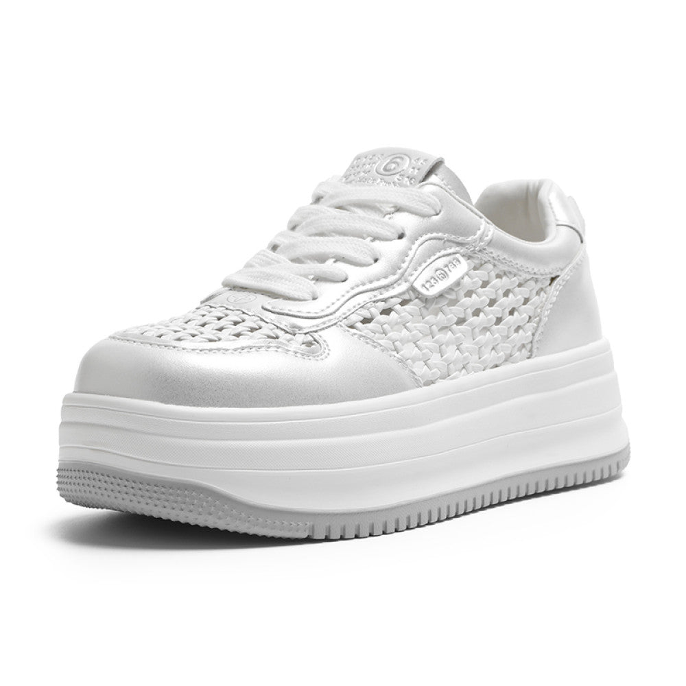 Real leather thick soled casual board shoes for women in the summer of 2025 new casual lightweight and breathable hollow woven white shoes image 6
