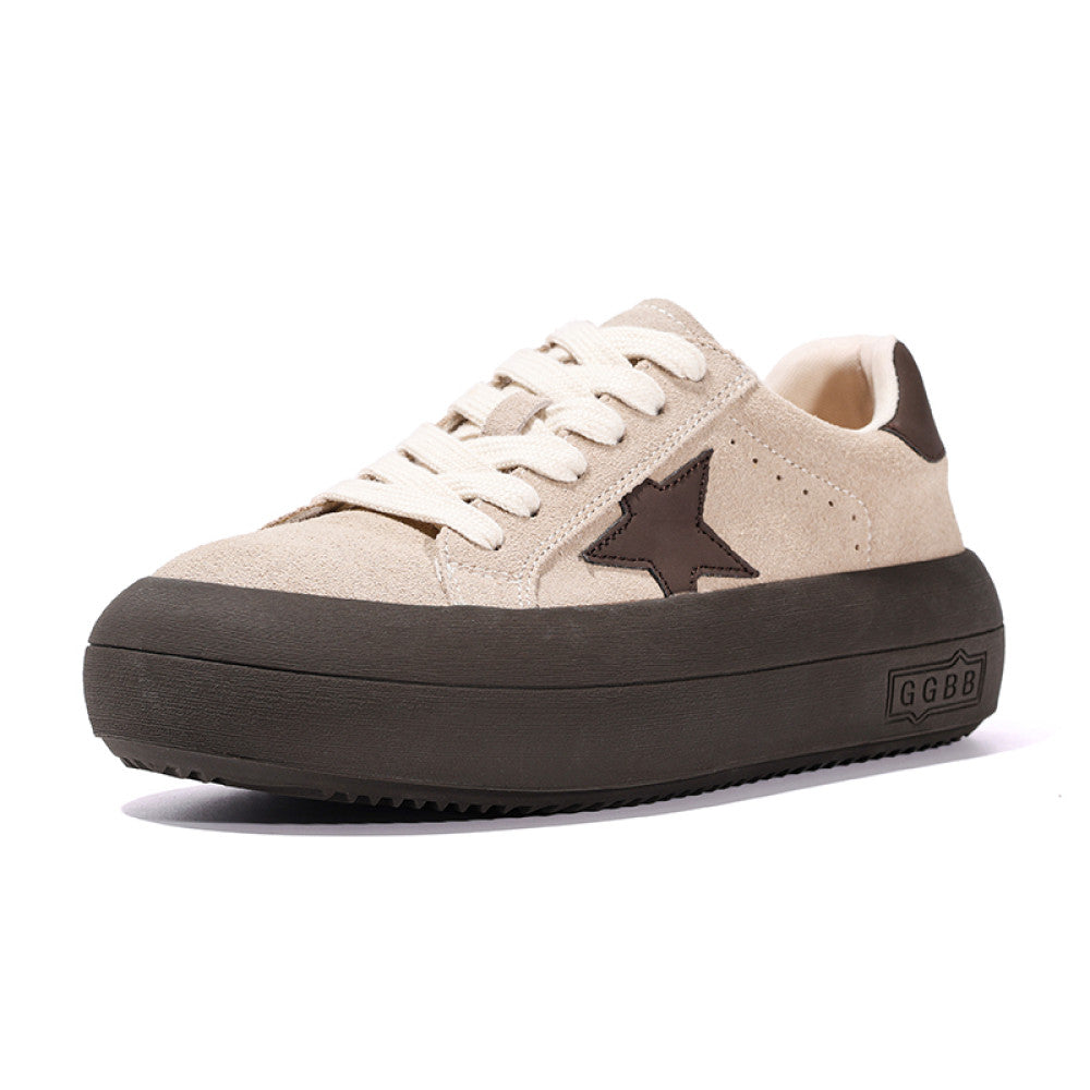 Thick soled frosted cowhide star shoes for women 2024 autumn new sports and leisure shoes height increasing round toe bread board shoes image 14