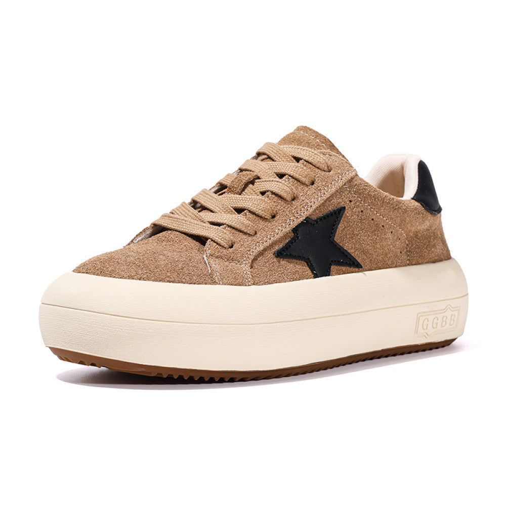 Thick soled frosted cowhide star shoes for women 2024 autumn new sports and leisure shoes height increasing round toe bread board shoes