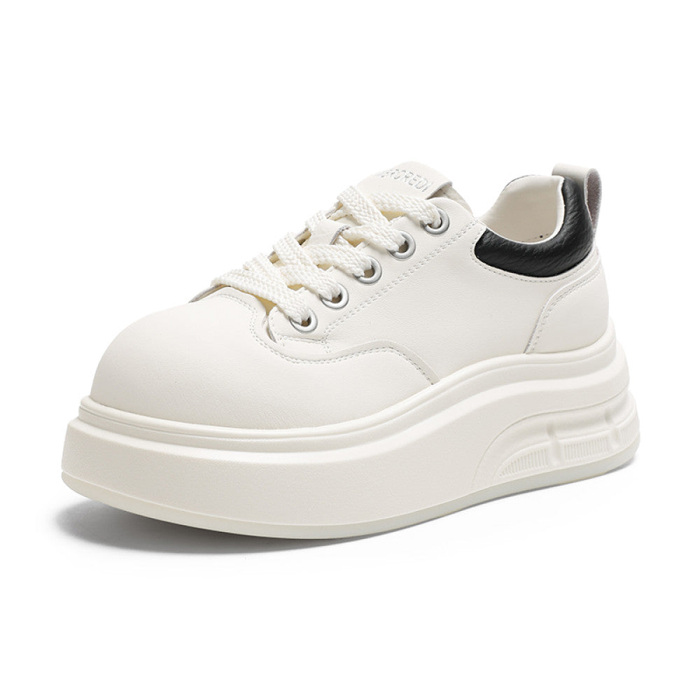 Big Head Ugly Cute Genuine Leather Little White Shoes for Women 2025 Autumn New Popular Versatile Lightweight Thick soled Height Increasing Casual Board Shoes