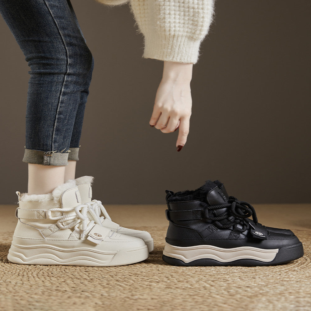 White snow boots women 2024 winter new leather and fur one piece casual thick bottom high top plus velvet warm thick cotton shoes image 2
