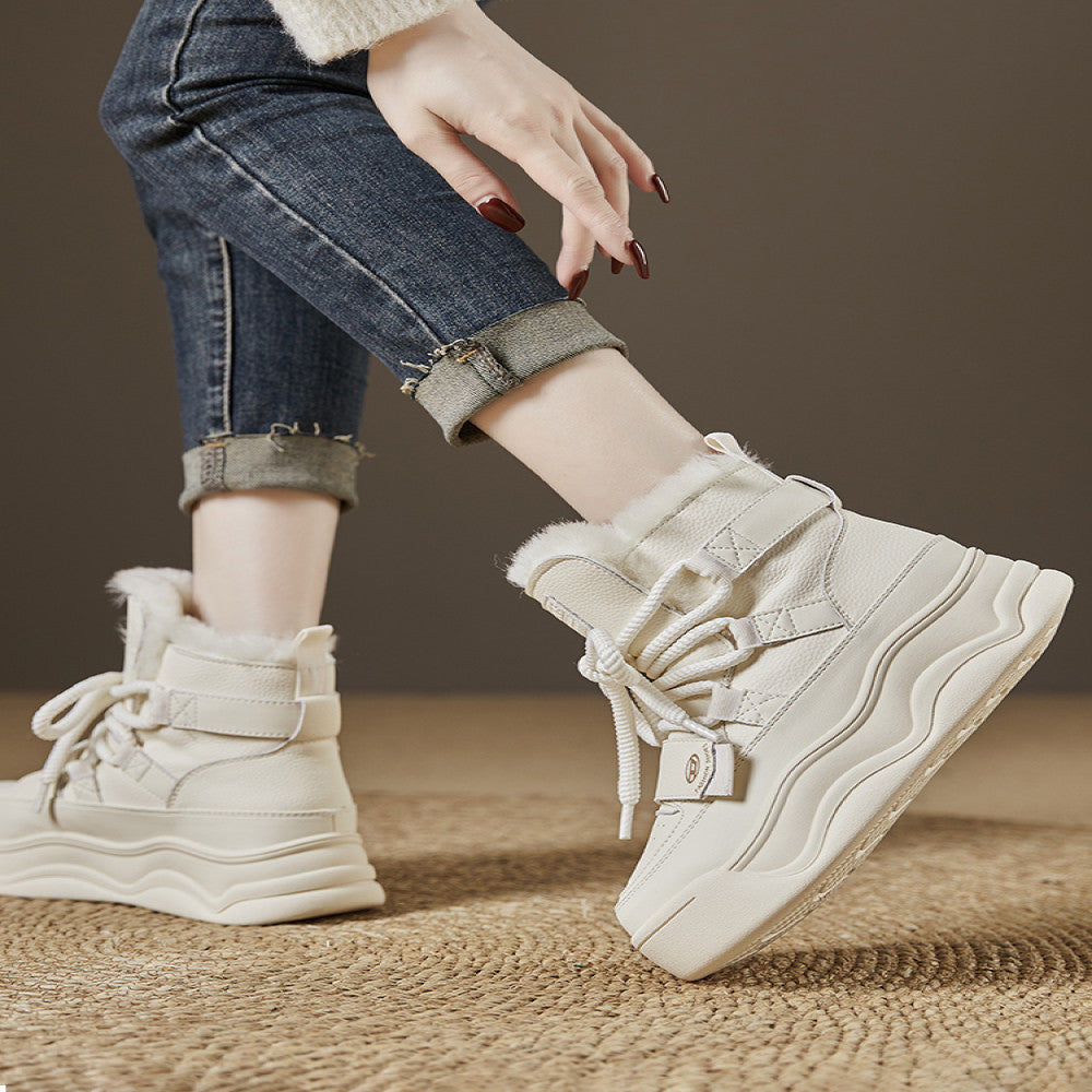 White snow boots women 2024 winter new leather and fur one piece casual thick bottom high top plus velvet warm thick cotton shoes image 4