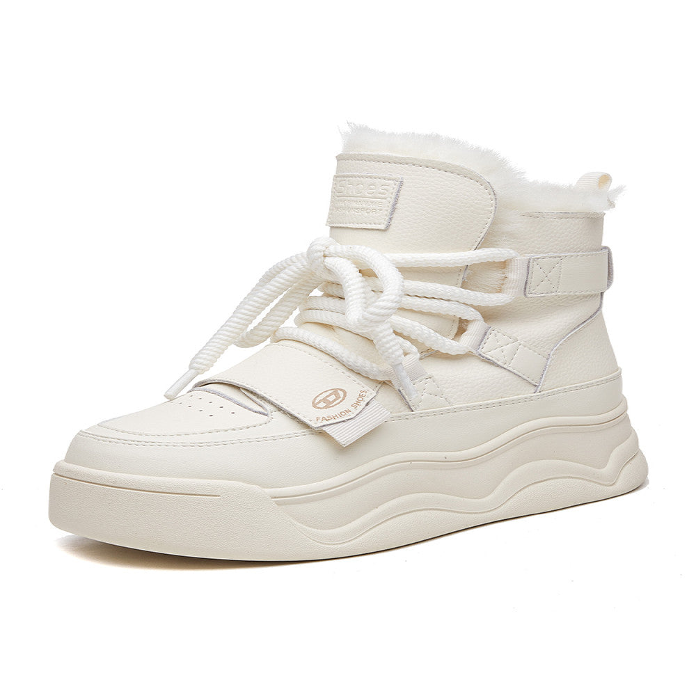 White snow boots women 2024 winter new leather and fur one piece casual thick bottom high top plus velvet warm thick cotton shoes image 5
