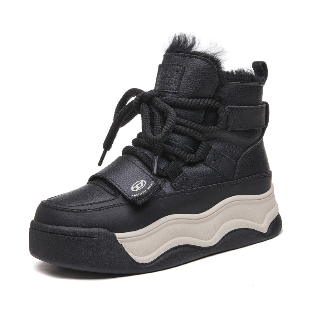 White snow boots women 2024 winter new leather and fur one piece casual thick bottom high top plus velvet warm thick cotton shoes