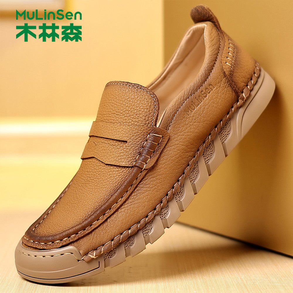 Mulin Sen leather shoes men s 2025 new summer top layer cowhide men s shoes business casual soft sole one foot kick dad shoes image 5
