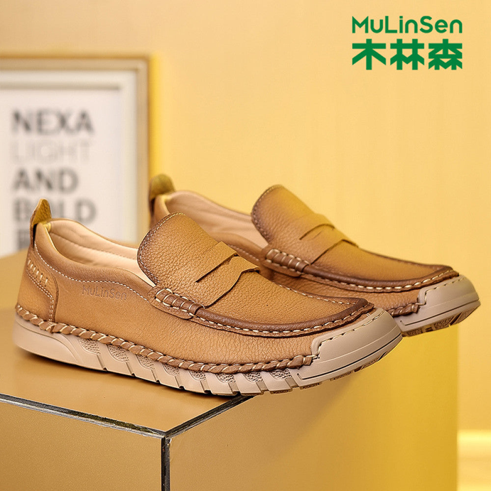 Mulin Sen leather shoes men s 2025 new summer top layer cowhide men s shoes business casual soft sole one foot kick dad shoes image 6
