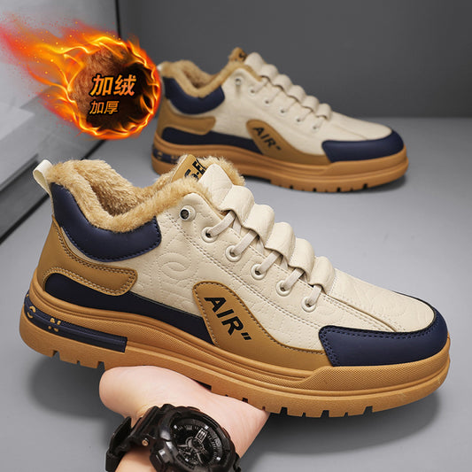 Men s shoes 2025 new winter two cotton and velvet warm casual sports trend thick sole leather surface waterproof thick cotton shoes