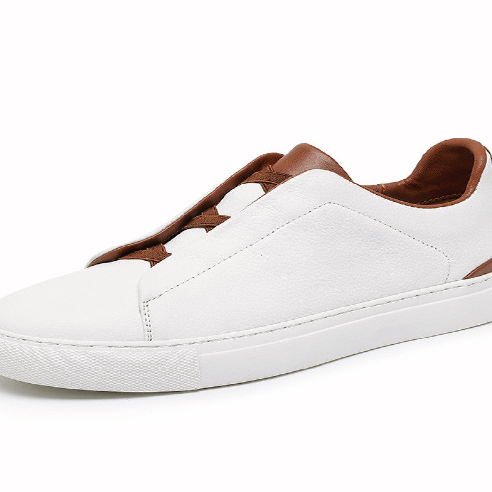 Summer men s shoes one foot white shoes men s business casual shoes toe layer cowhide board shoes no tie white leather shoes image 2