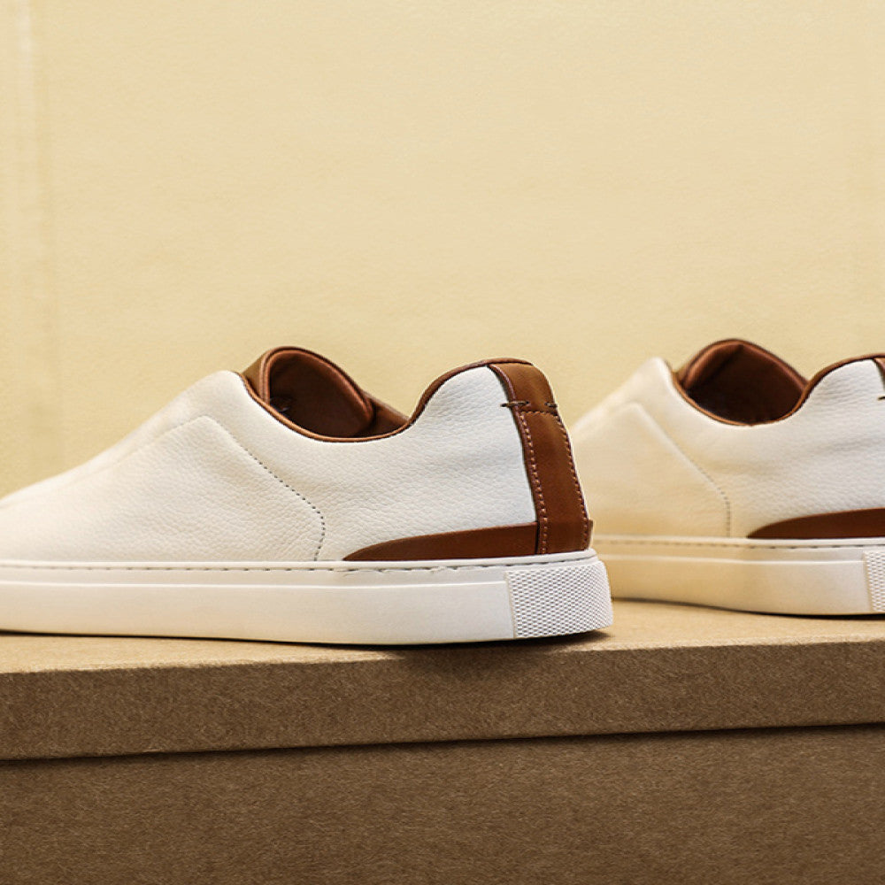 Summer men s shoes one foot white shoes men s business casual shoes toe layer cowhide board shoes no tie white leather shoes image 3
