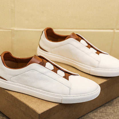 Summer men s shoes one foot white shoes men s business casual shoes toe layer cowhide board shoes no tie white leather shoes image 4