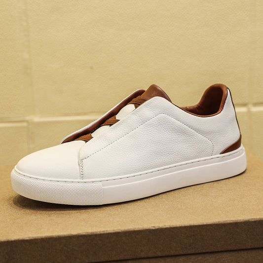 Summer men s shoes one foot white shoes men s business casual shoes toe layer cowhide board shoes no tie white leather shoes