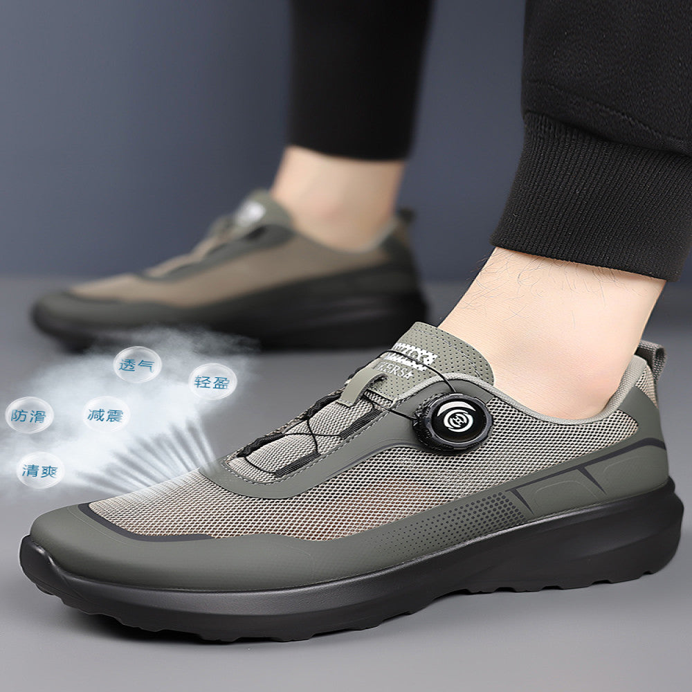 Men s summer breathable thin single mesh outdoor hiking shoes men s side rotating button casual mesh shoes image 1