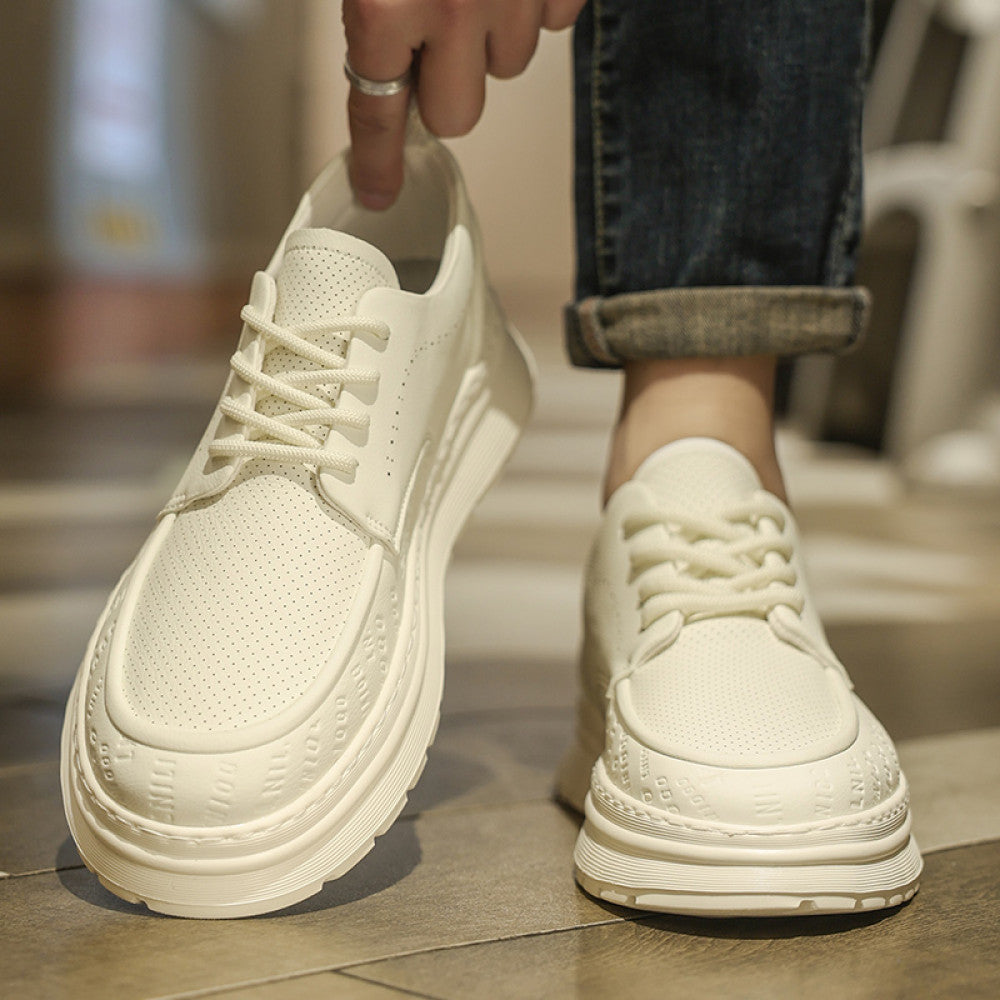 White leather shoes men s 2025 new summer versatile thick soled board shoes men s casual breathable white shoes British style image 3