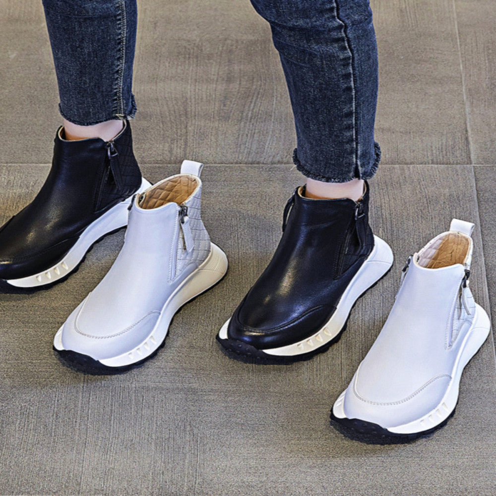 Women s Spring and Autumn Short Boots 2024 New Leather Multi functional Thick Bottom Flat Bottom Casual Sports Boots image 0