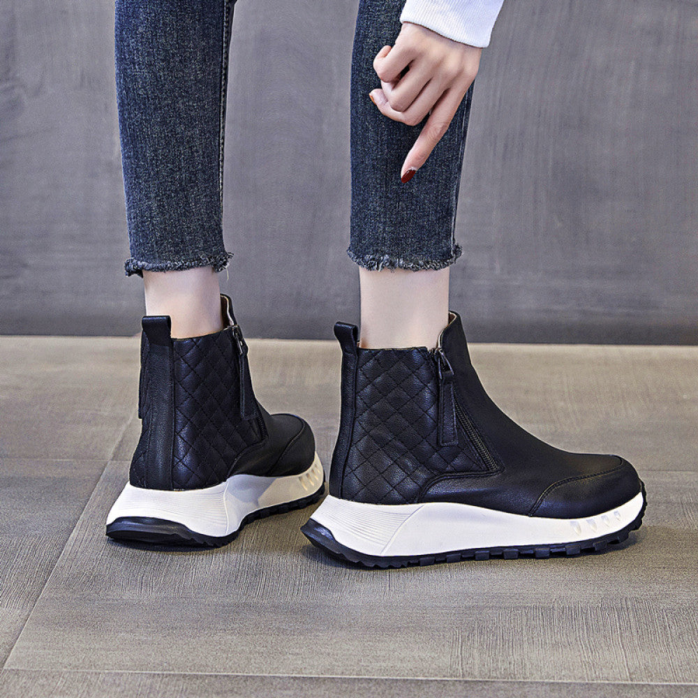 Women s Spring and Autumn Short Boots 2024 New Leather Multi functional Thick Bottom Flat Bottom Casual Sports Boots image 19