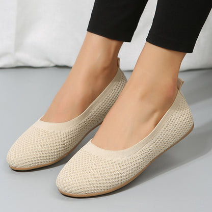 2024 spring and summer new solid color round toe flat heel soft sole shoes casual breathable ladies hollow knit image 1