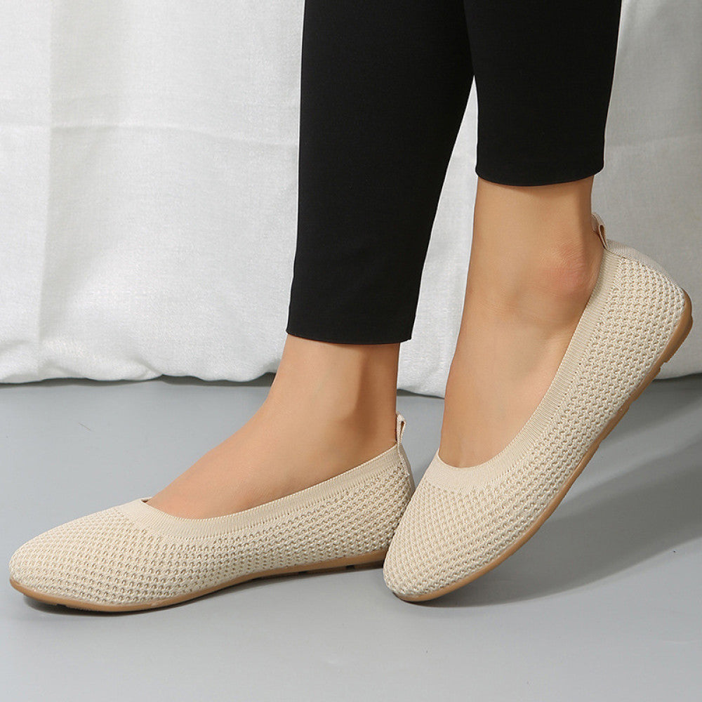 2024 spring and summer new solid color round toe flat heel soft sole shoes casual breathable ladies hollow knit image 3
