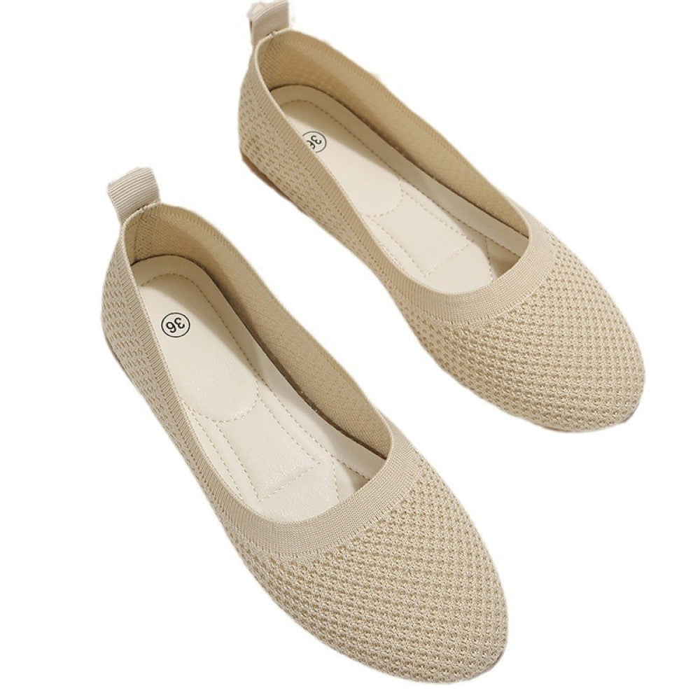 2024 spring and summer new solid color round toe flat heel soft sole shoes casual breathable ladies hollow knit image 4