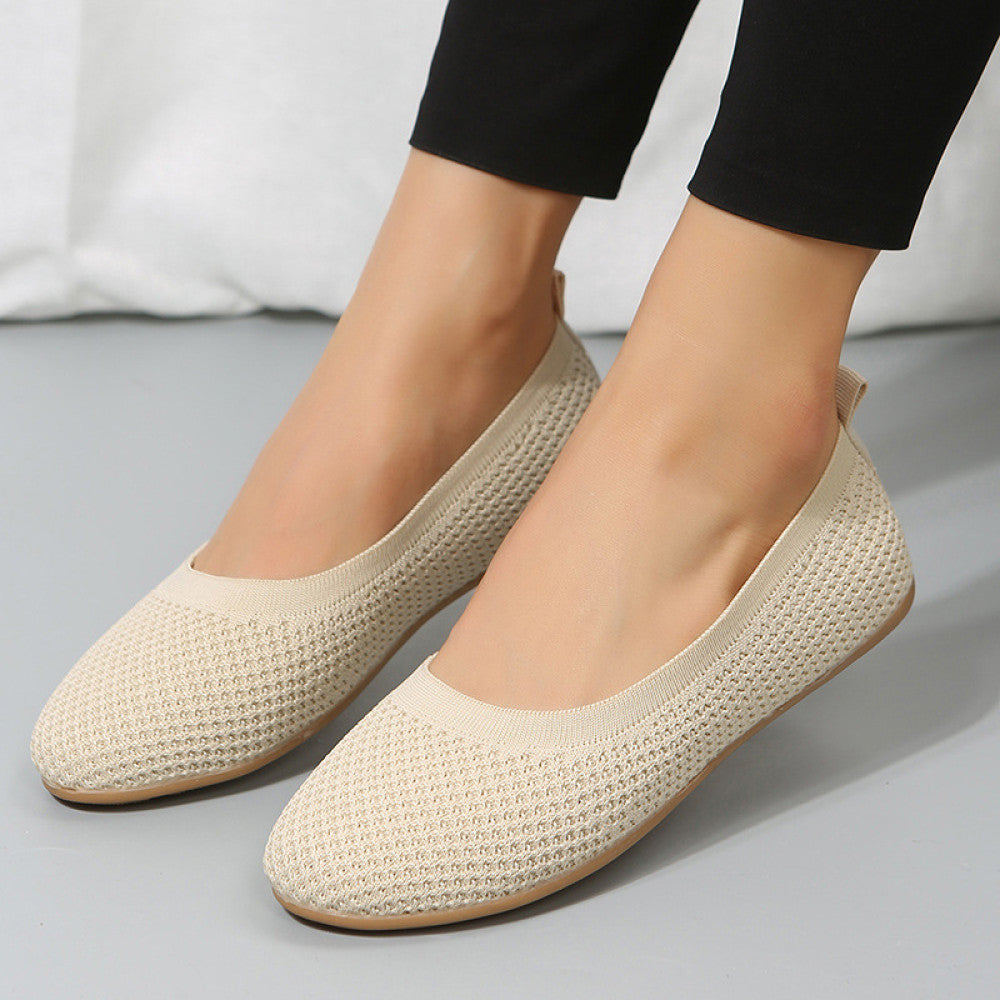 2024 spring and summer new solid color round toe flat heel soft sole shoes casual breathable ladies hollow knit image 0
