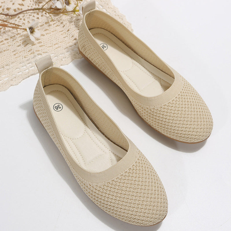 2024 spring and summer new solid color round toe flat heel soft sole shoes casual breathable ladies hollow knit