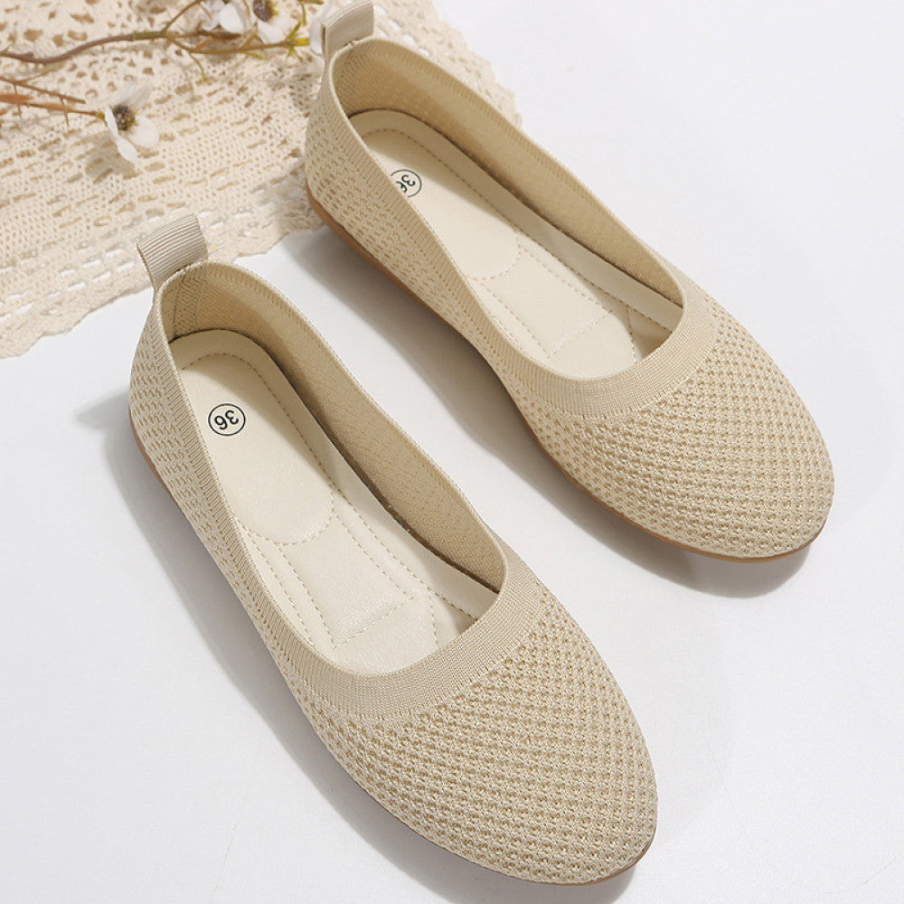 2024 spring and summer new solid color round toe flat heel soft sole shoes casual breathable ladies hollow knit image 11