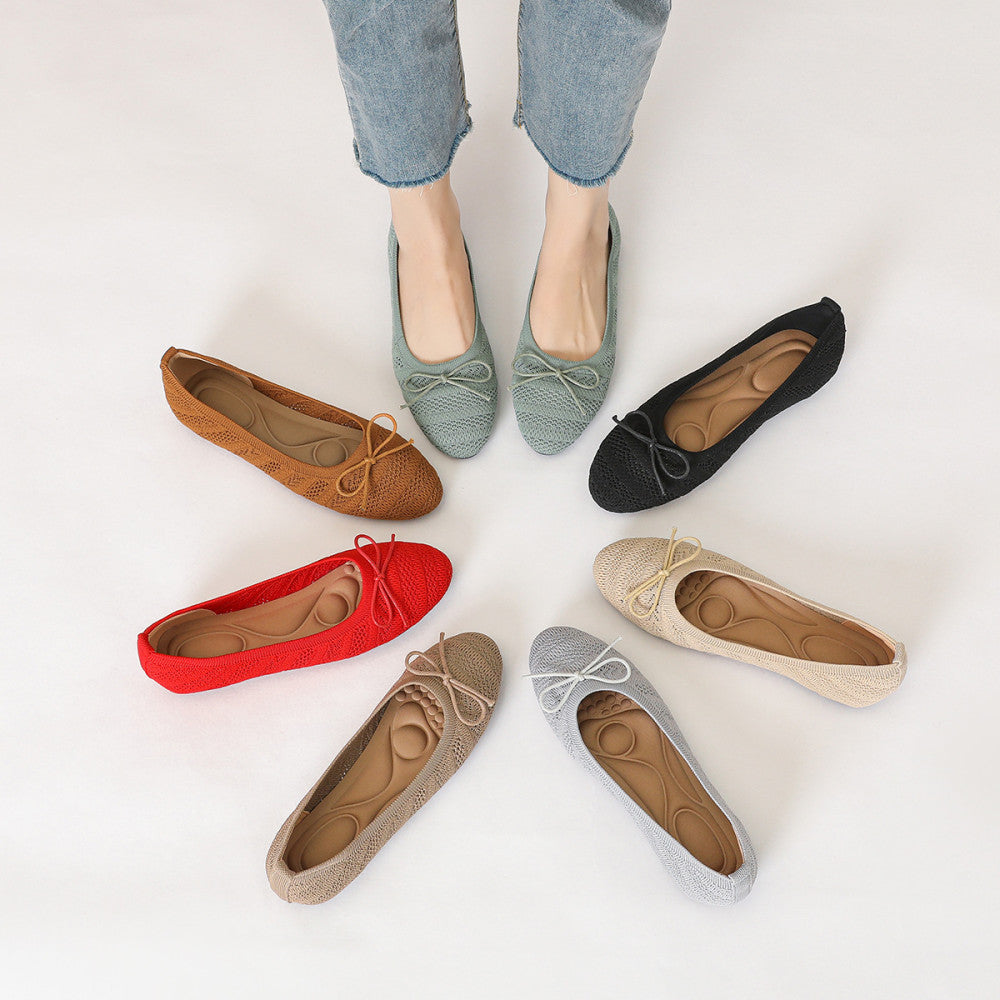 Princess shoes single shoes women 2025 bow flat shoes knitted woven shoes one step round toe egg roll shoes toe shoes image 0