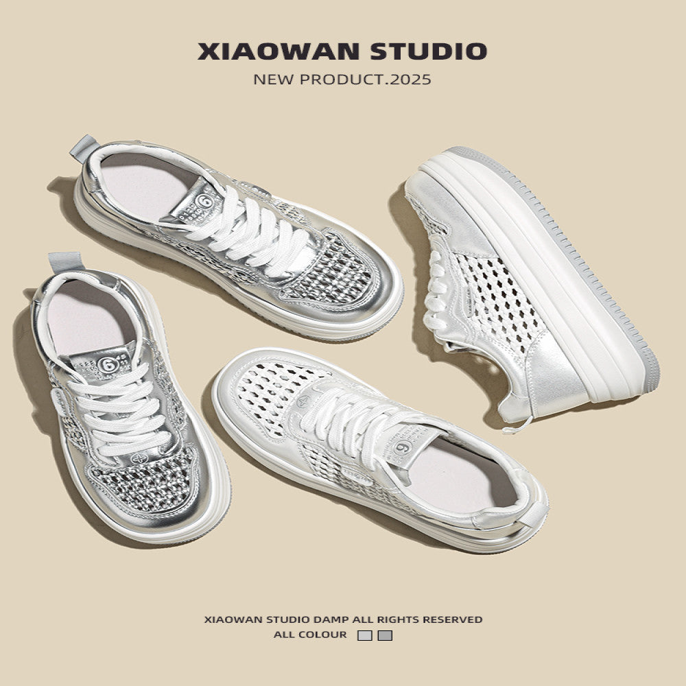 Real leather thick soled casual board shoes for women in the summer of 2025 new casual lightweight and breathable hollow woven white shoes image 2