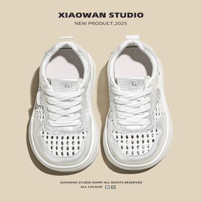 Real leather thick soled casual board shoes for women in the summer of 2025 new casual lightweight and breathable hollow woven white shoes image 3