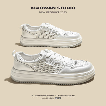 Real leather thick soled casual board shoes for women in the summer of 2025 new casual lightweight and breathable hollow woven white shoes image 4