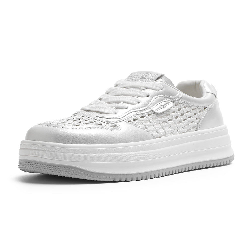 Real leather thick soled casual board shoes for women in the summer of 2025 new casual lightweight and breathable hollow woven white shoes image 5