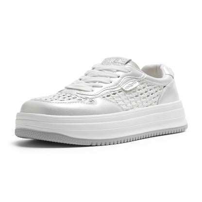 Real leather thick soled casual board shoes for women in the summer of 2025 new casual lightweight and breathable hollow woven white shoes image 5