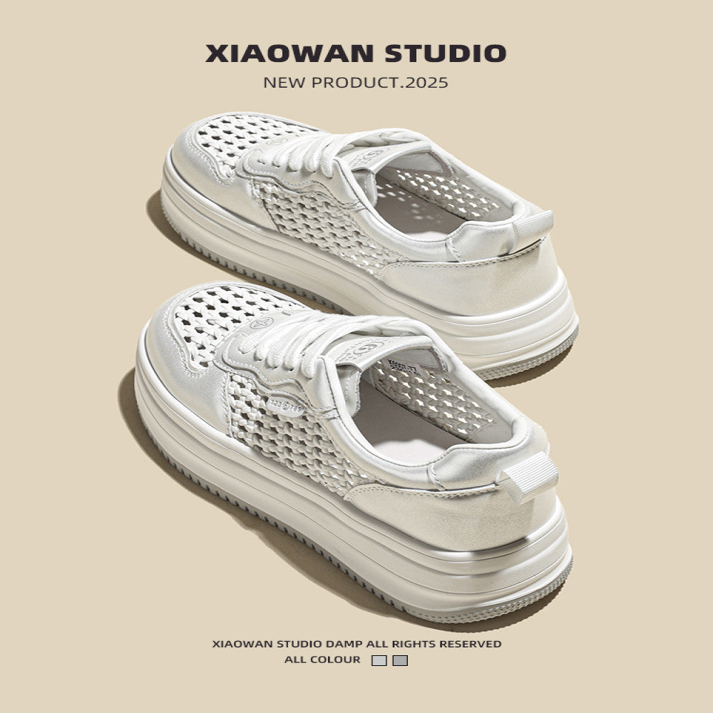 Real leather thick soled casual board shoes for women in the summer of 2025 new casual lightweight and breathable hollow woven white shoes image 0