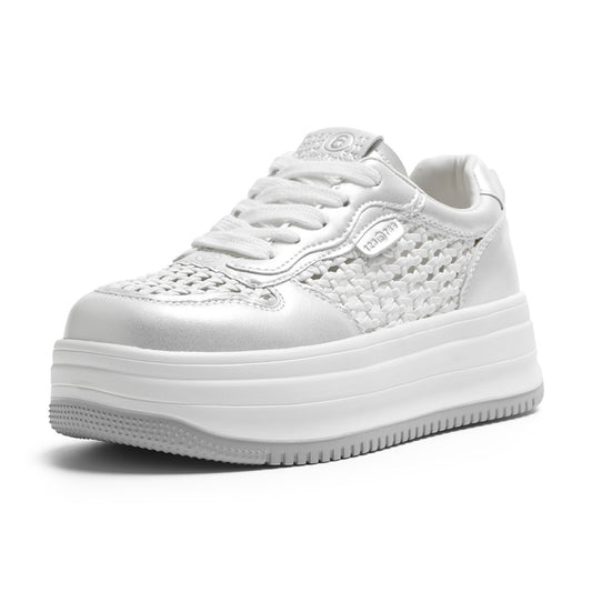 Real leather thick soled casual board shoes for women in the summer of 2025 new casual lightweight and breathable hollow woven white shoes