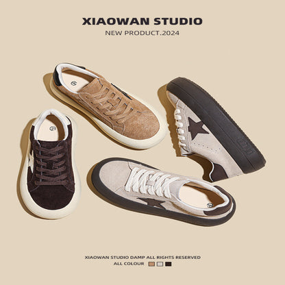 Thick soled frosted cowhide star shoes for women 2024 autumn new sports and leisure shoes height increasing round toe bread board shoes image 2