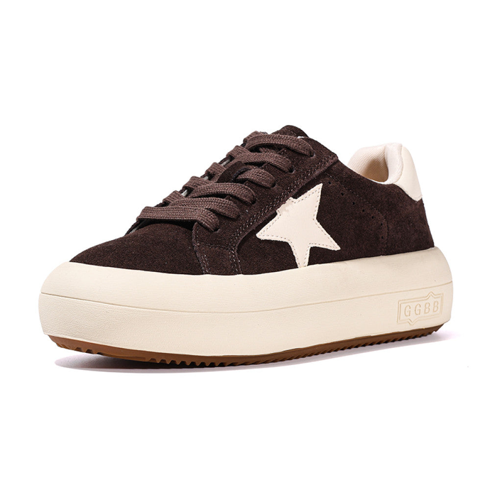 Thick soled frosted cowhide star shoes for women 2024 autumn new sports and leisure shoes height increasing round toe bread board shoes image 35