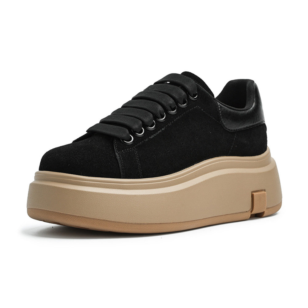 Thick soled height increasing frosted leather sponge cake shoes for women round toe 2024 autumn new retro versatile casual sports board shoes