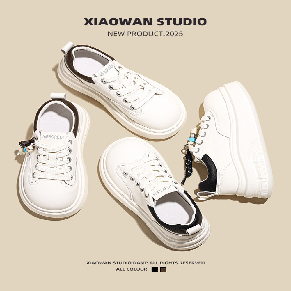 Big Head Ugly Cute Genuine Leather Little White Shoes for Women 2025 Autumn New Popular Versatile Lightweight Thick soled Height Increasing Casual Board Shoes image 2