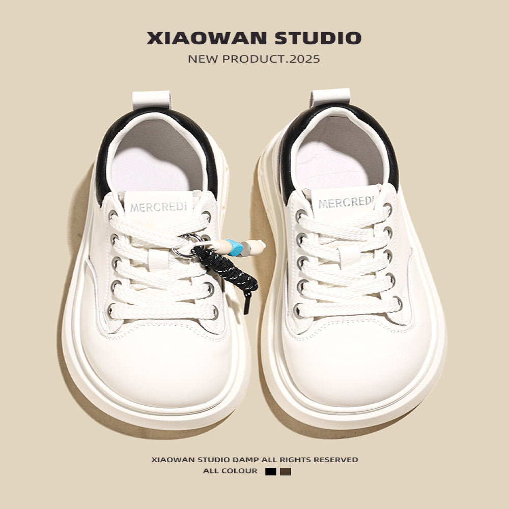 Big Head Ugly Cute Genuine Leather Little White Shoes for Women 2025 Autumn New Popular Versatile Lightweight Thick soled Height Increasing Casual Board Shoes image 3