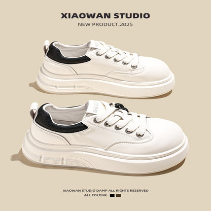 Big Head Ugly Cute Genuine Leather Little White Shoes for Women 2025 Autumn New Popular Versatile Lightweight Thick soled Height Increasing Casual Board Shoes image 4