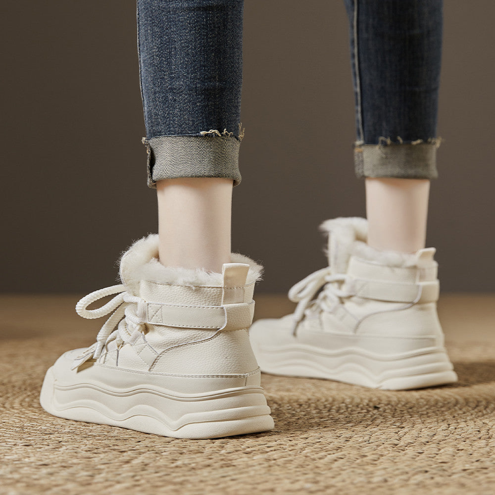 White snow boots women 2024 winter new leather and fur one piece casual thick bottom high top plus velvet warm thick cotton shoes image 0