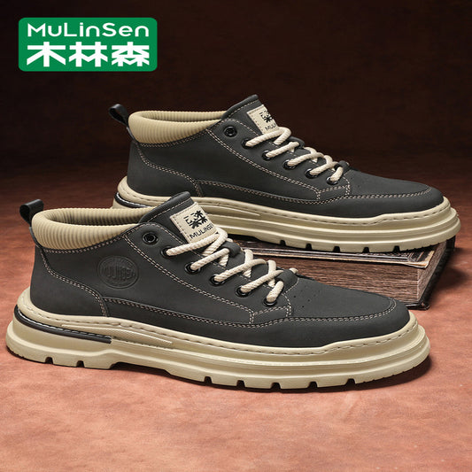 Mulinsen high top shoes men s 2025 new spring and autumn casual leather shoes mid top workwear Martin boots winter British men s shoes