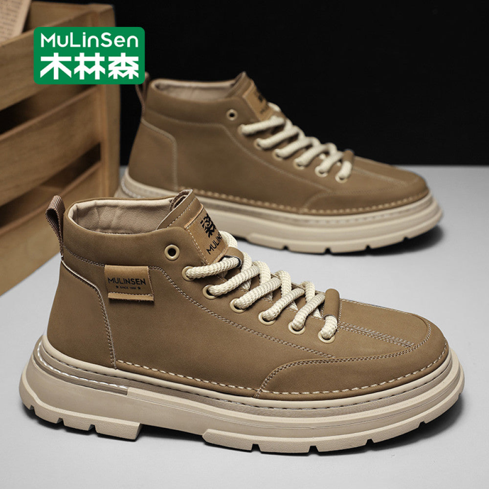 Mulinsen high top shoes men s 2025 new spring and autumn casual leather shoes mid top workwear Martin boots winter British men s shoes