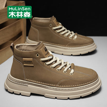 Mulinsen high top shoes men s 2025 new spring and autumn casual leather shoes mid top workwear Martin boots winter British men s shoes